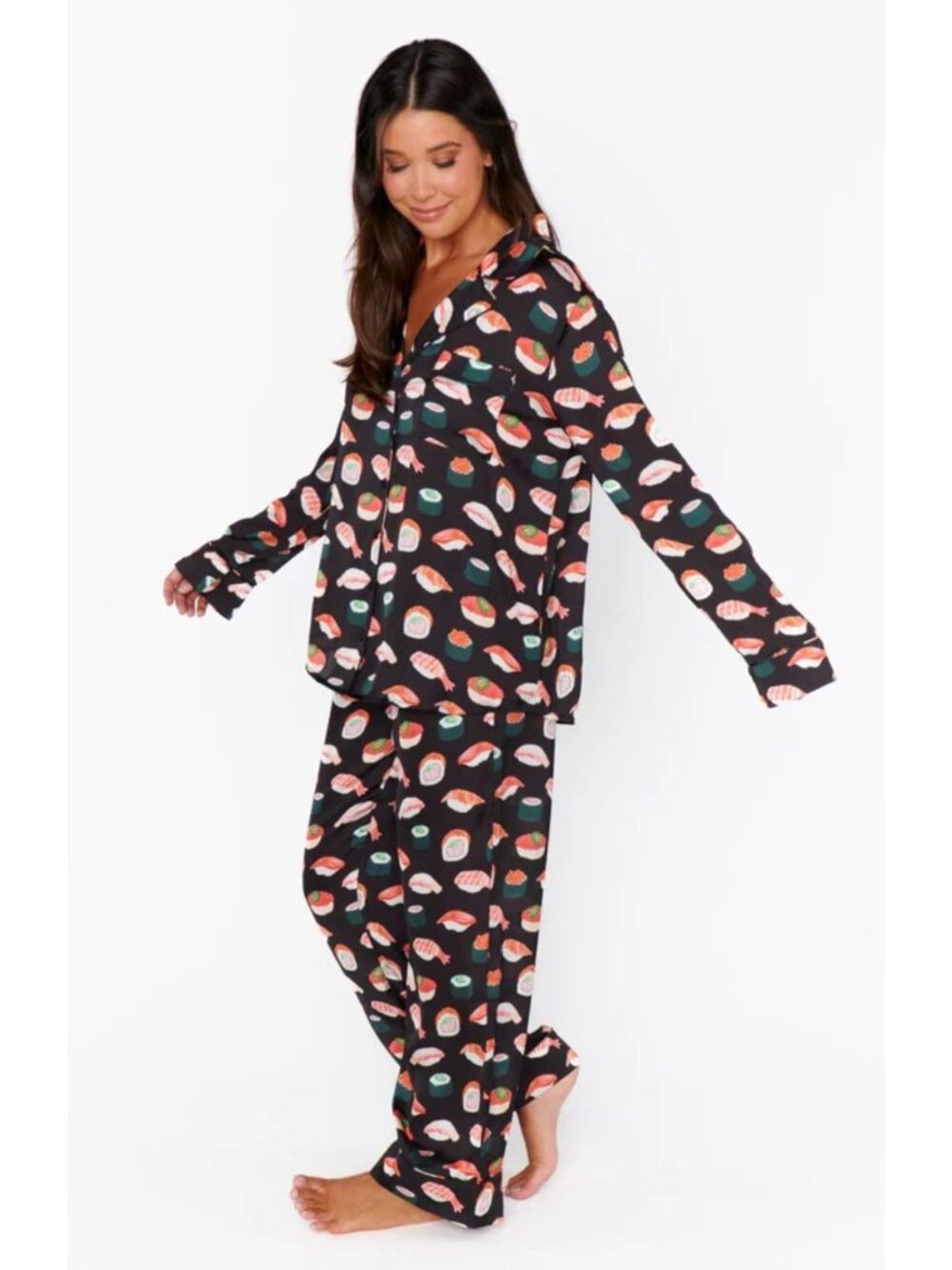 Show Me Your Mumu Sushi Classic PJ Set Pajamas Black Satin Shirt Pants XS